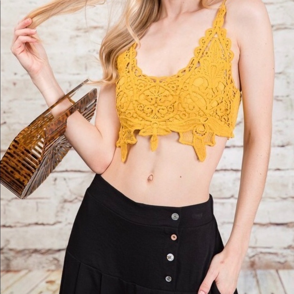Floral Lace Eyelet Padded Bralette Top in Mustard